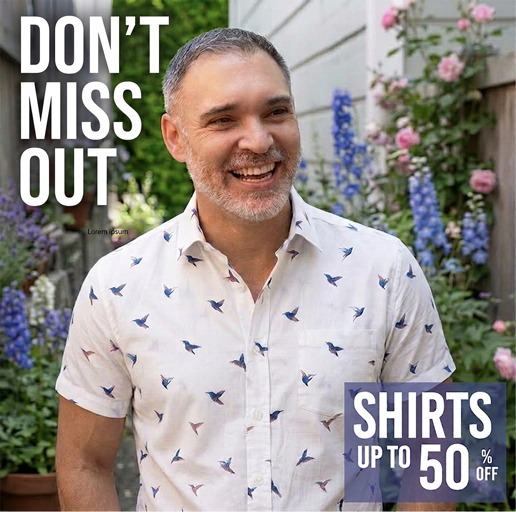 Man in a bird-print shirt smiles, advertising shirts up to 50% off.