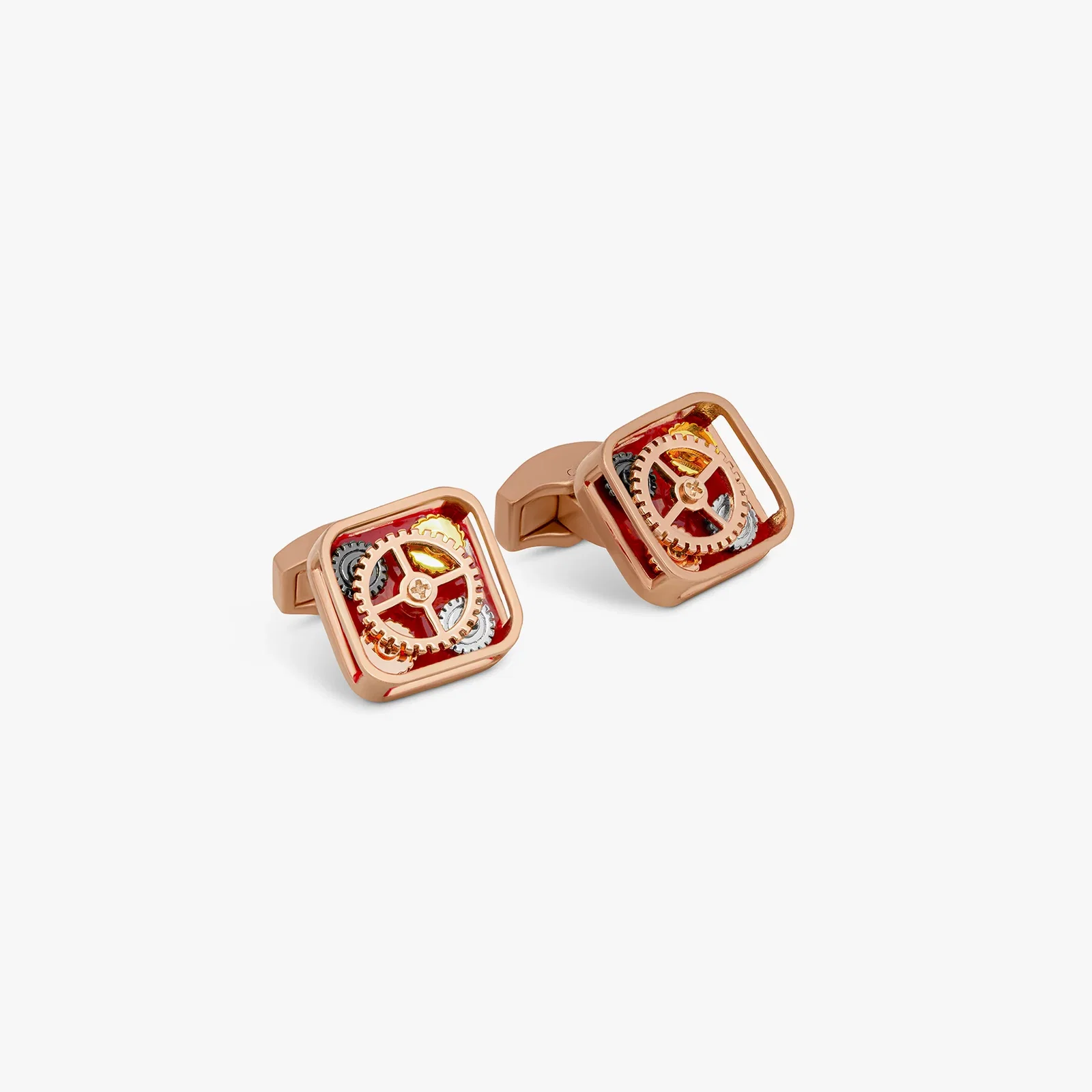 Image of Pop Gears cufflinks with red enamel in gunmetal