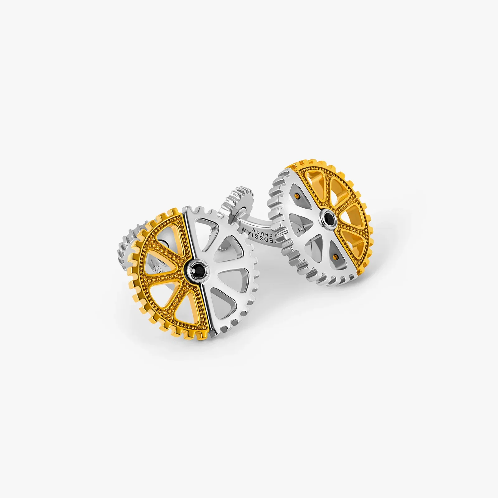 Image of Puzzle Gear Cufflinks in Rhodium and Yellow Gold Plated with Black Spinel