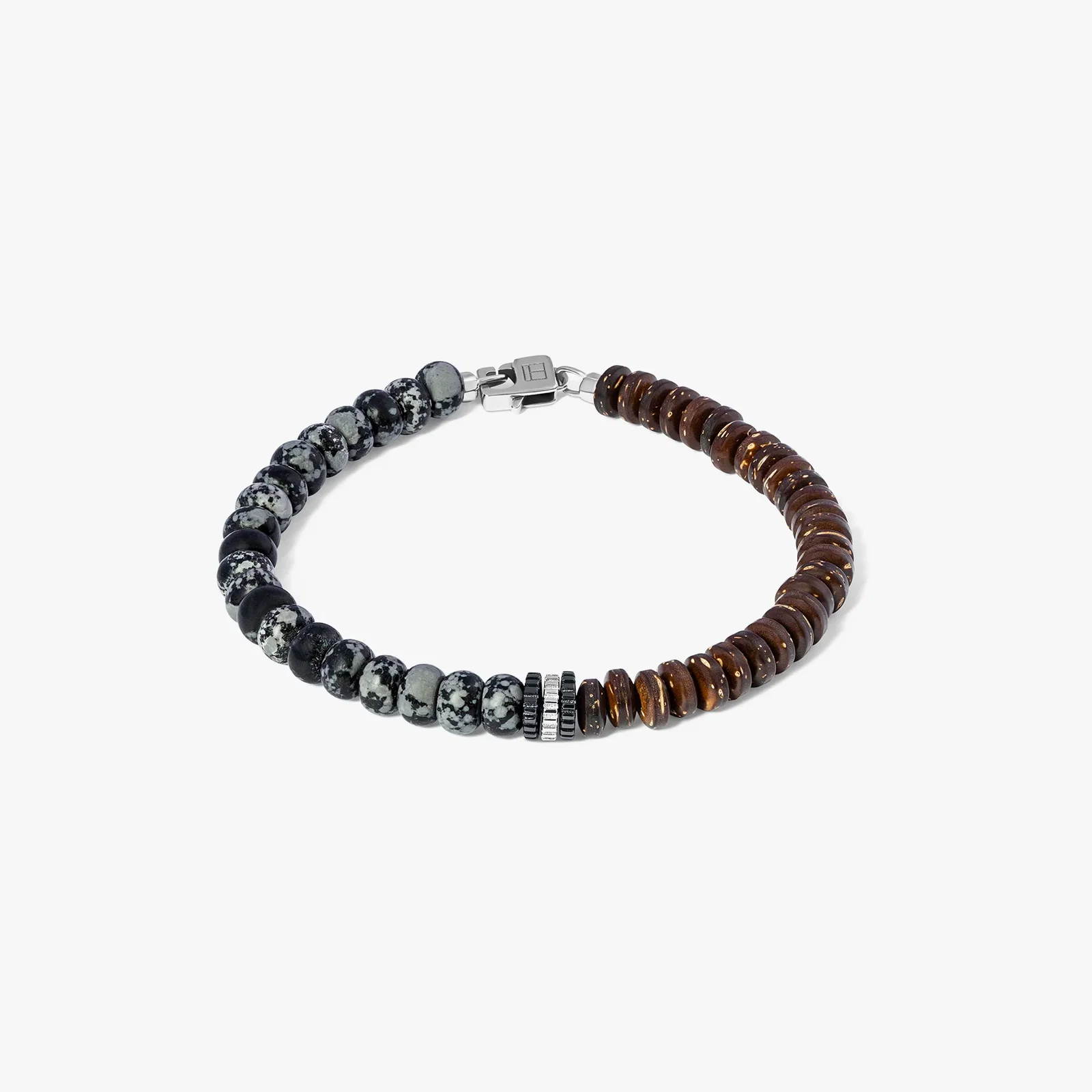 Image of Nepal Gear Trio Beaded Bracelet In Rhodium Plated Silver With Snowflake Obsidian & Coconut Wood 