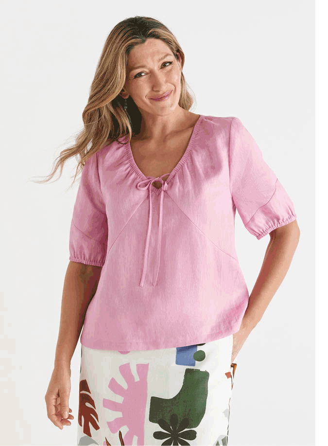 Linen Tie Front Short Sleeve Top
