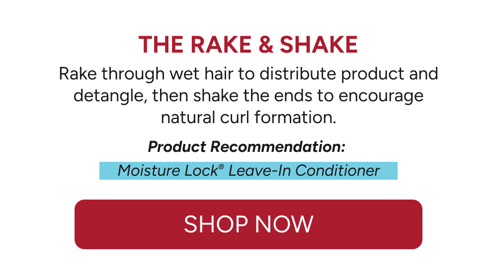 The Rake & Shake - Rake through wet hair to distribute product and detangle, then shake the ends to encourage natural curl formation.  Product Recommendation:  Moisture Lock® Leave-In Conditioner.