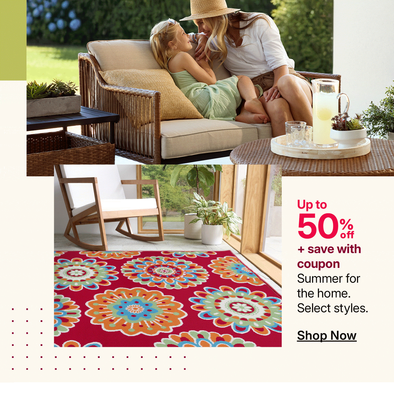 up to 50% off summer for the home. plus save with coupon.