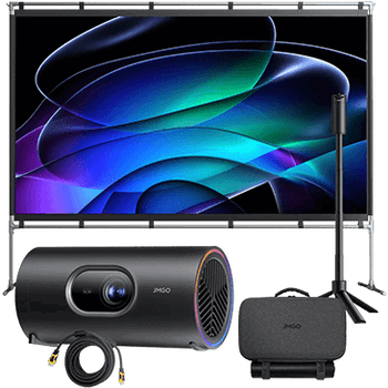 JMGO PicoPlay+ Portable 1080P Google TV Projector Bundle with Power Bank Tripod and 100-inch Portable Screen