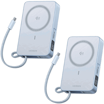 UGREEN 10,000mAh Qi2 25W Magnetic Power Bank with Built-in Cable, 2-Pack