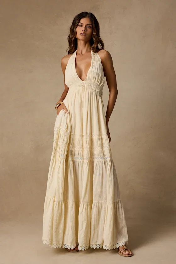 Image of Annie Cream Halter Tiered Maxi Dress