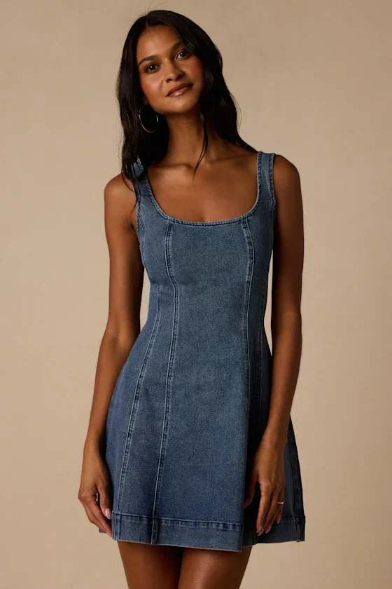 Image of Trena Medium Wash Denim Skater Mini Dress