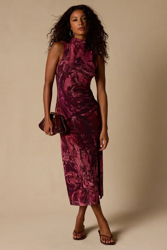 Image of Sequoia Mauve Multi Abstract Mesh Mock Neck Midi Dress