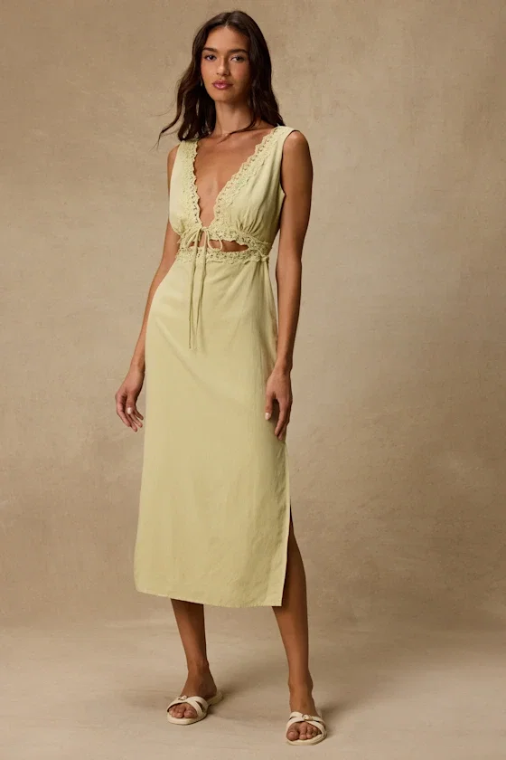 Image of Connie Light Chartreuse Lace Tie-Front Midi Dress