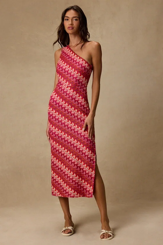 Image of Reya Pink Multi Crochet Chevron One-Shoulder Midi Dress