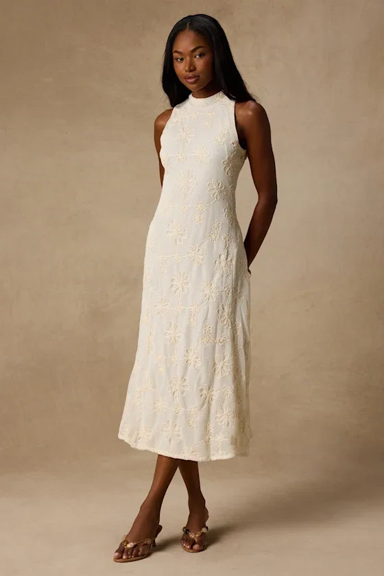 Image of Danalee Cream Abstract Floral Embroidered Midi Dress