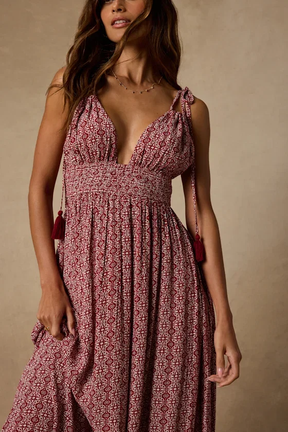 Image of Field Day Wine Red Print Tie-Strap Maxi Dress