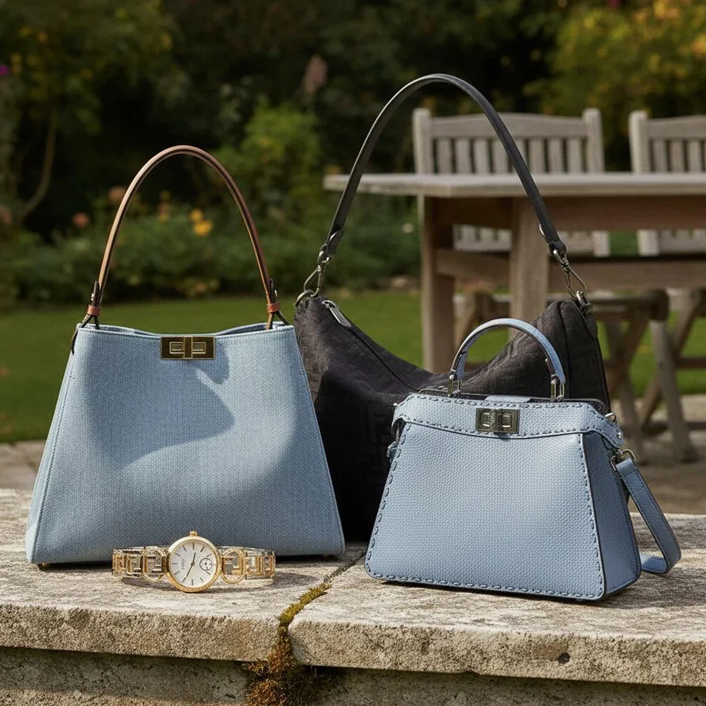 Fendi Elevated Elegance collection: light blue and black leather handbags with gold hardware, displayed with a gold watch on stone ledge.