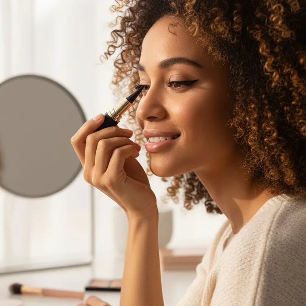 Woman applying eyeliner while looking in mirror, demonstrating makeup application from the Your Beauty Bag Refresh collection.