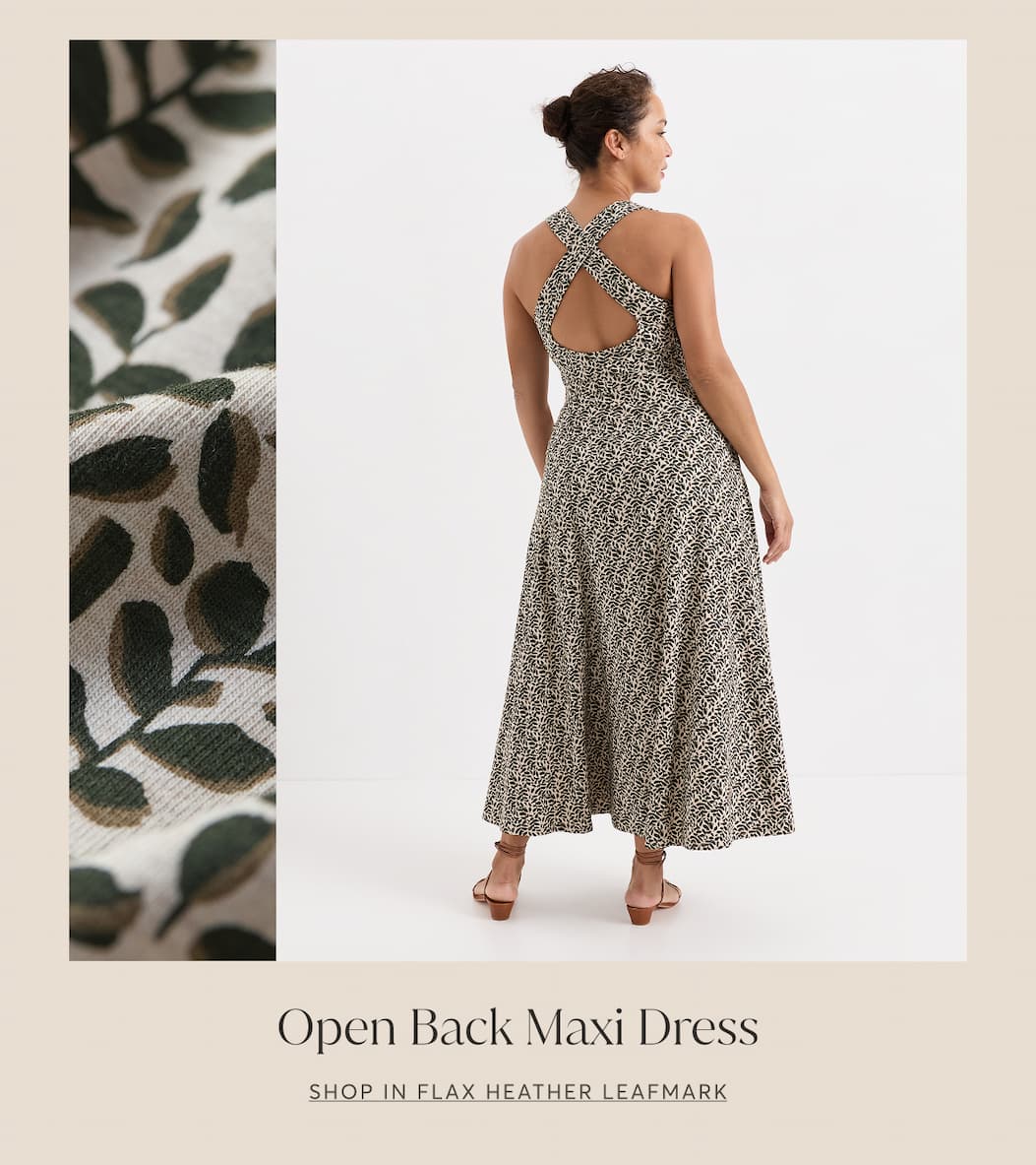 OPEN BLACK MAXI DRESS | SHOP IN FLAX HEATHER LEAFMARK