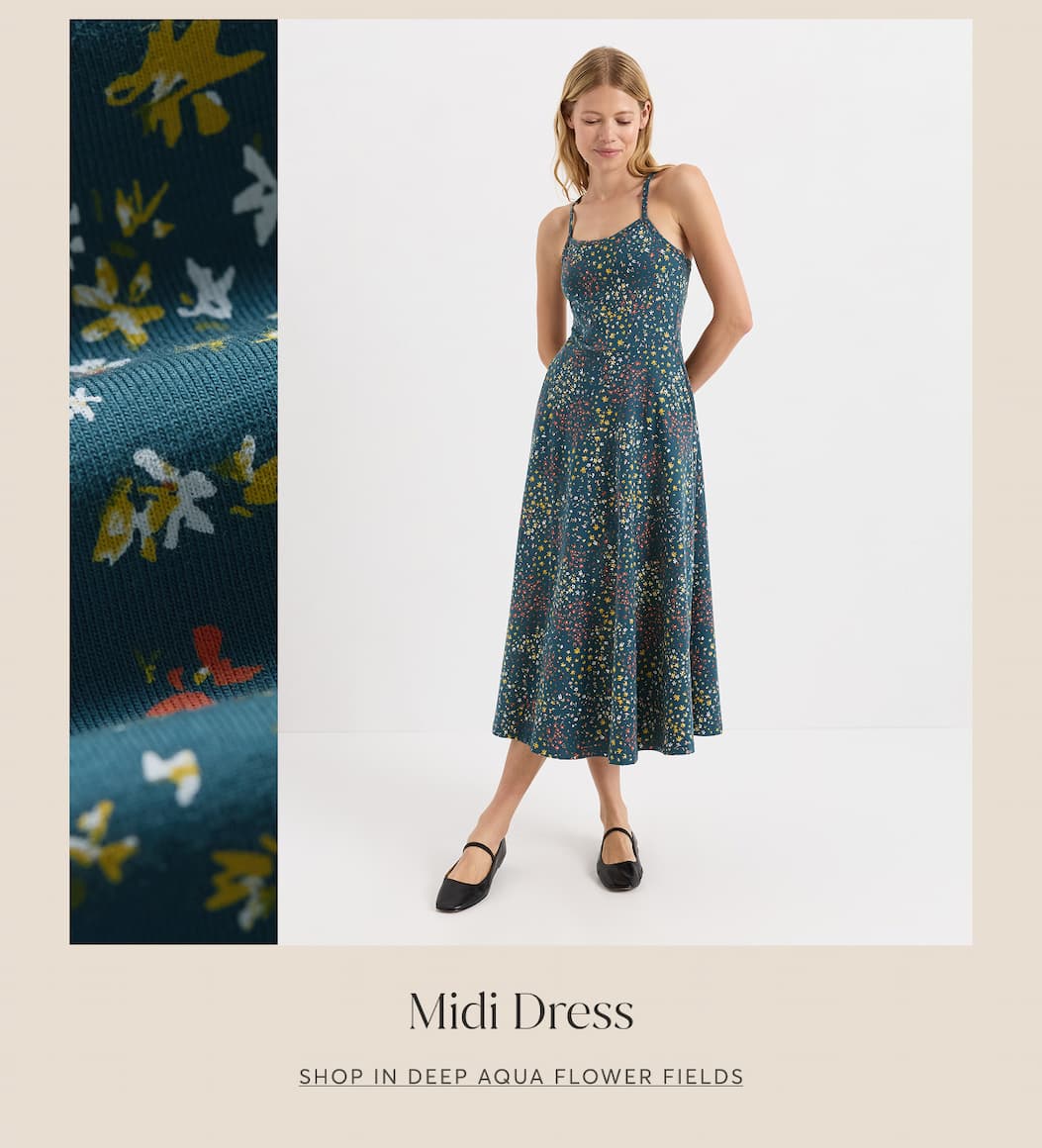 MIDI DRESS | SHOP IN DEEP AQUA FLOWER FIELDS