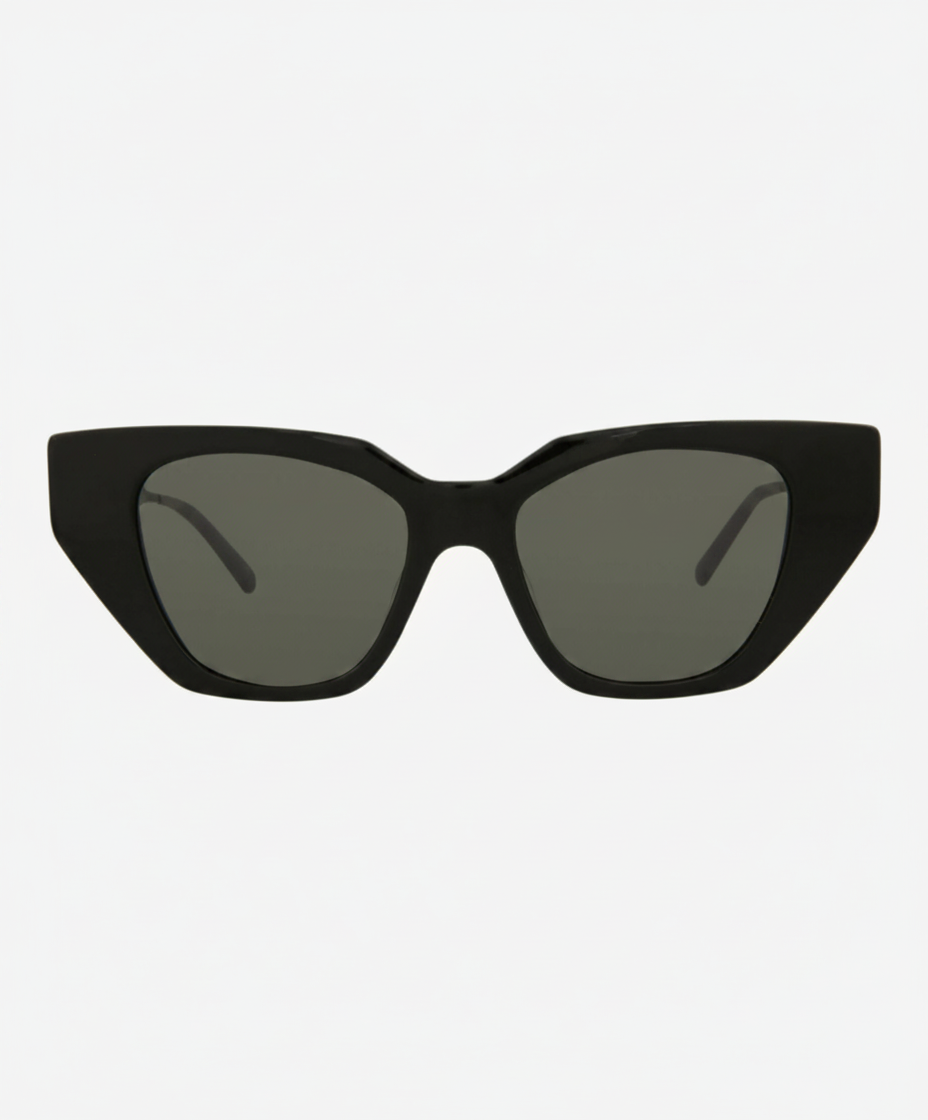 Black cat-eye sunglasses with dark lenses and thin arms.
