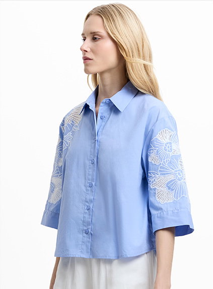 Cambria Cotton Floral Embroidered Blue Shirt