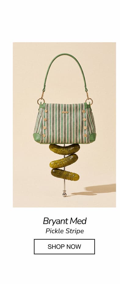Hammitt Bryant Med in Pickle Stripe woven fabric with green leather trim.