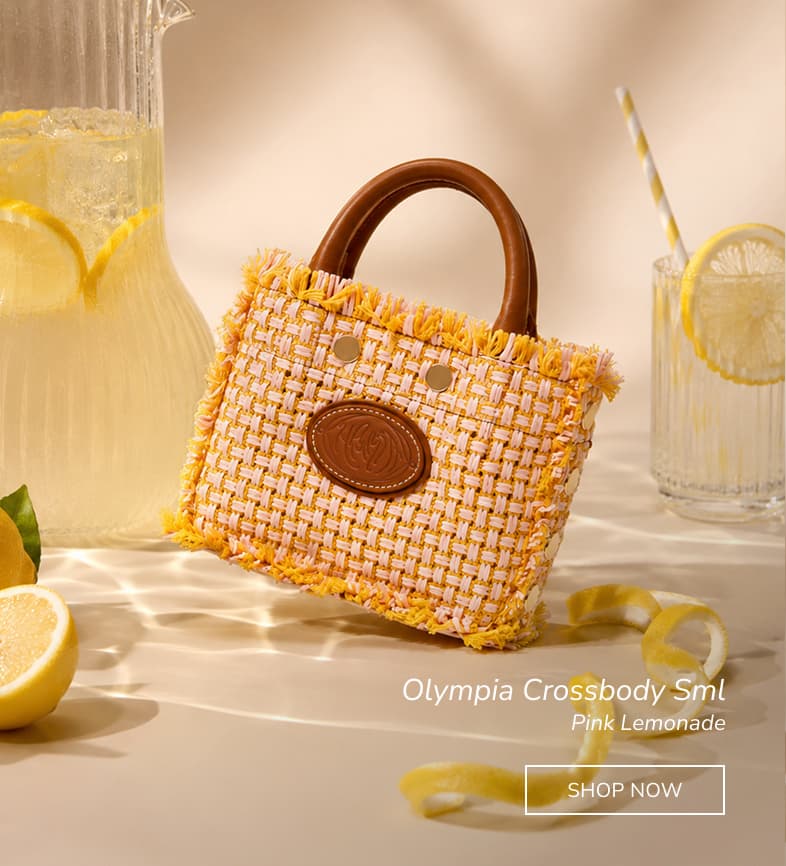 Hammitt Olympia Crossbody Sml in Pink Lemonade woven leather with smooth tan leather handles.