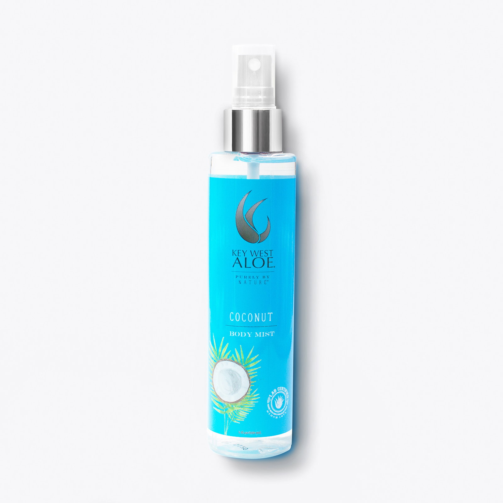 a bottle of Key West Aloe's Coconut Body Mist on white background