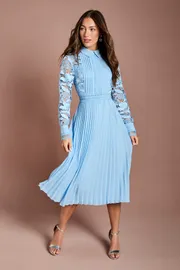 Long Sleeve Lace and Pleated Midi Shirt Dress