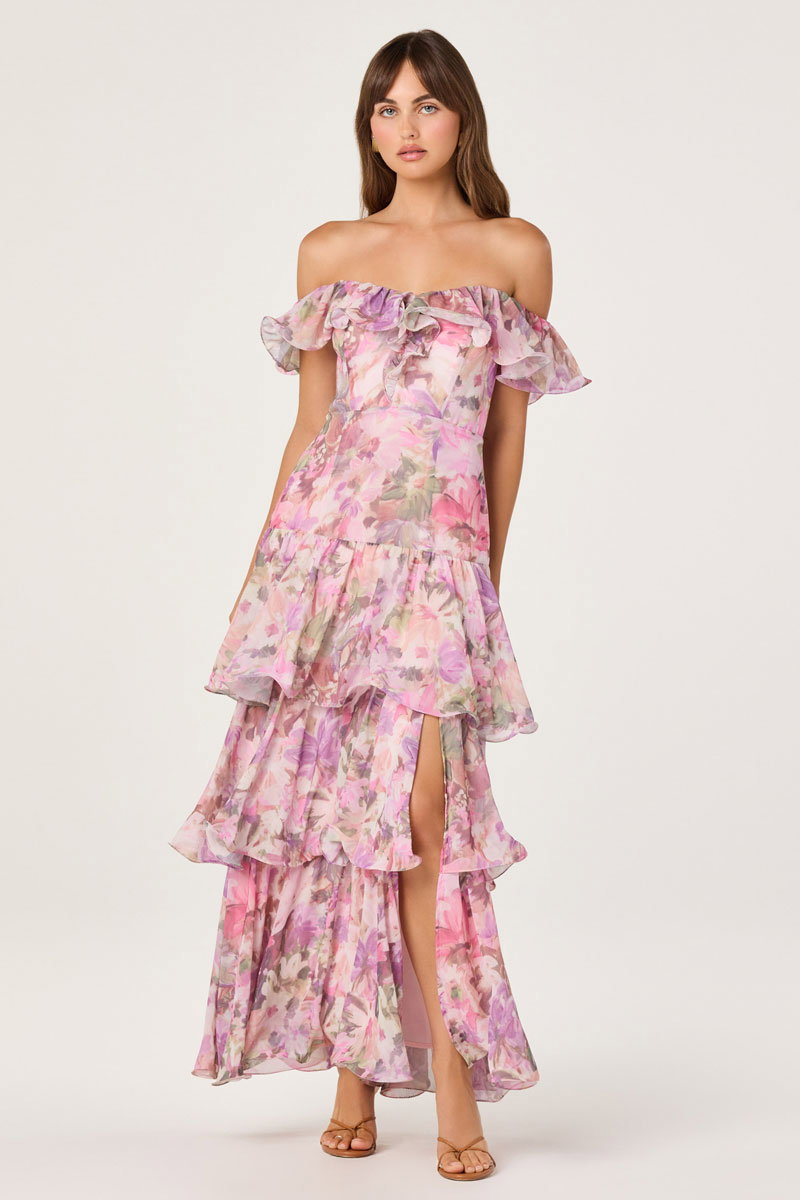 Woman Wearing Off-the-Shoulder Chiffon Maxi Dress