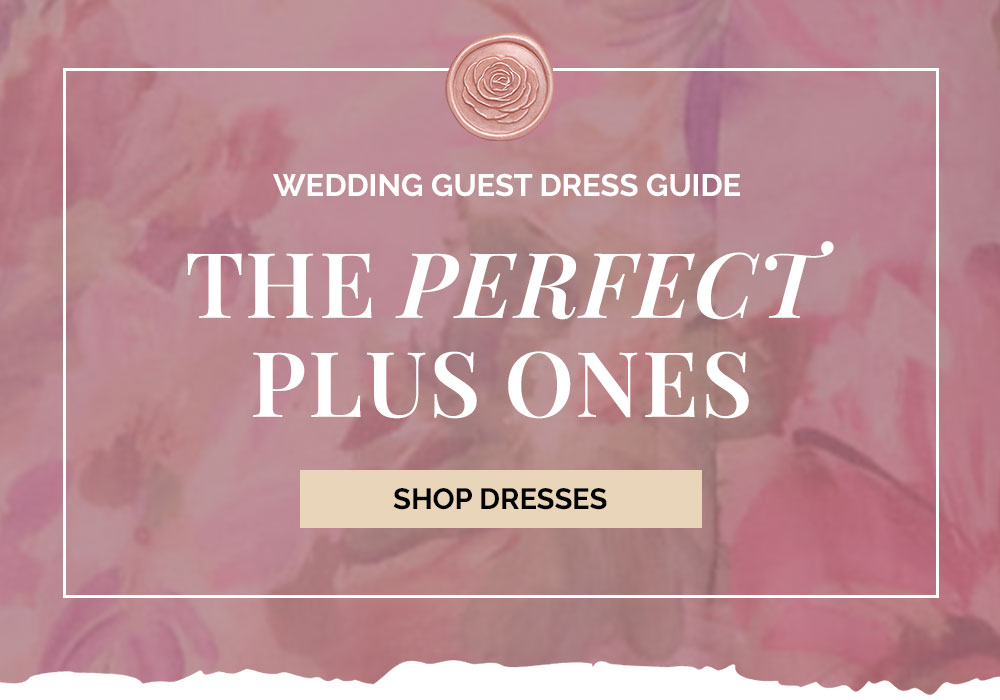 Text overlay "Wedding guest dress guide. Shop dresses." on image
