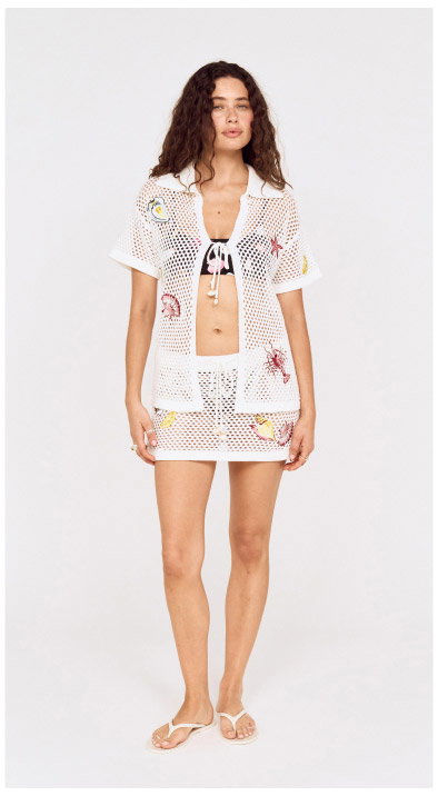 White Crochet Shirt with Embroidered Shellfish