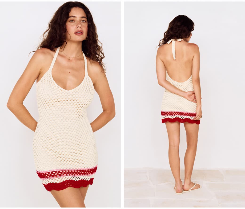 Red Stripe Crochet Halter Mini Dress