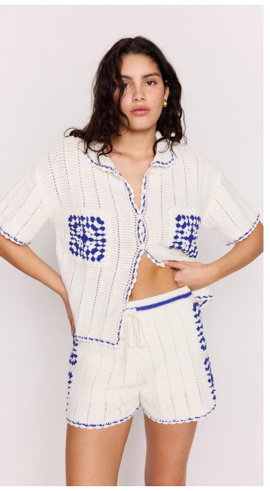 Blue & White Cotton Crochet Knit Shirt