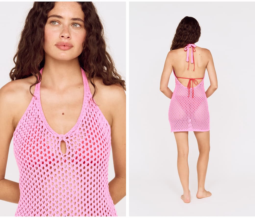 Baby Pink Crochet Mini Dress with Halter Neck