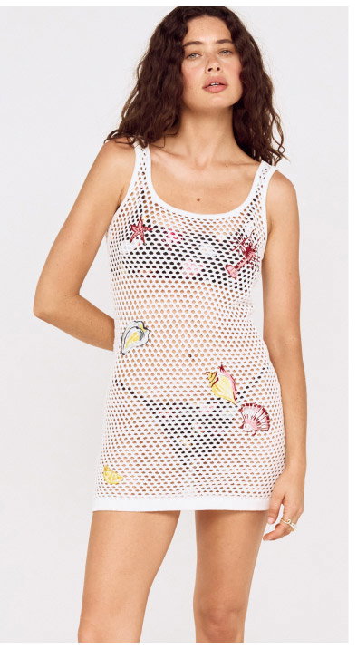 White Crochet Mini Dress with Embroidered Shellfish
