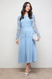 Lace Bodice Pleated Skirt Long Sleeve Midi Dress