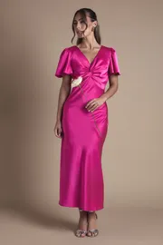 Satin Twist Front Angel Sleeve Midi Bridesmaid Dress