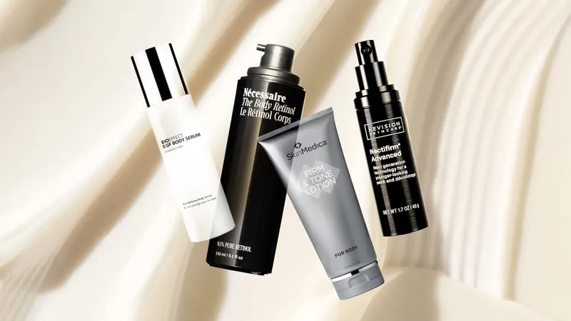 Image contains a collage of tightening body lotions on a cream background