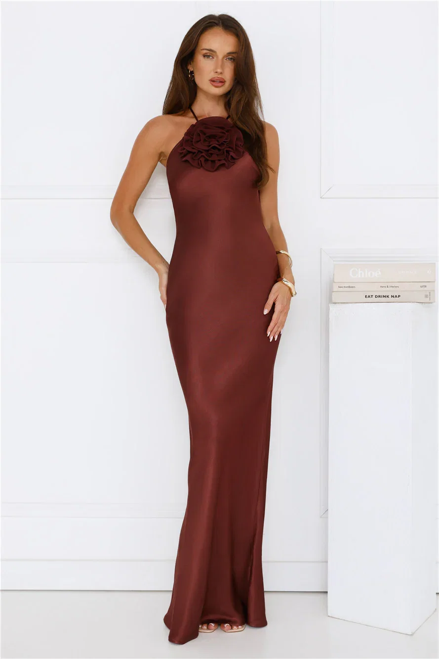 Image of Piazza Nights Satin Maxi Dress Chocolate