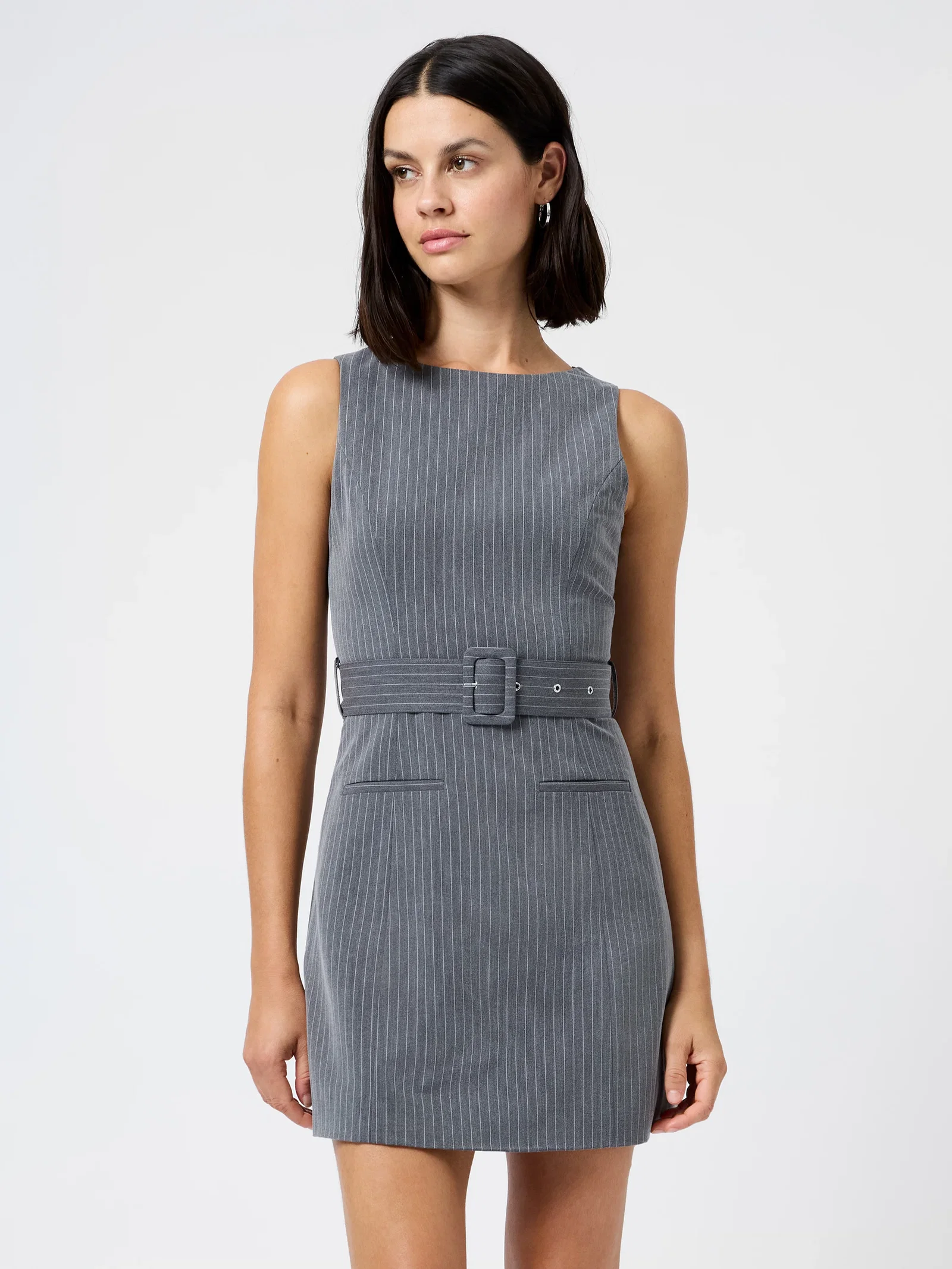 Image of MINKA PINSTRIPE BELTED MINI DRESS