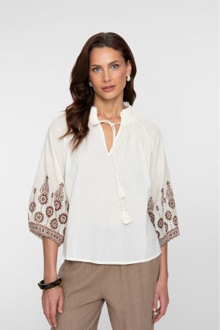 BLOUSE MET GEBORDUURDE MOUWEN 63434 26 Off-White/Ginger