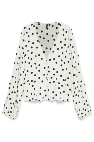 VMELISA L/S V-NECK BUTTON TOP WVN 10351060 Snow White/Black dot