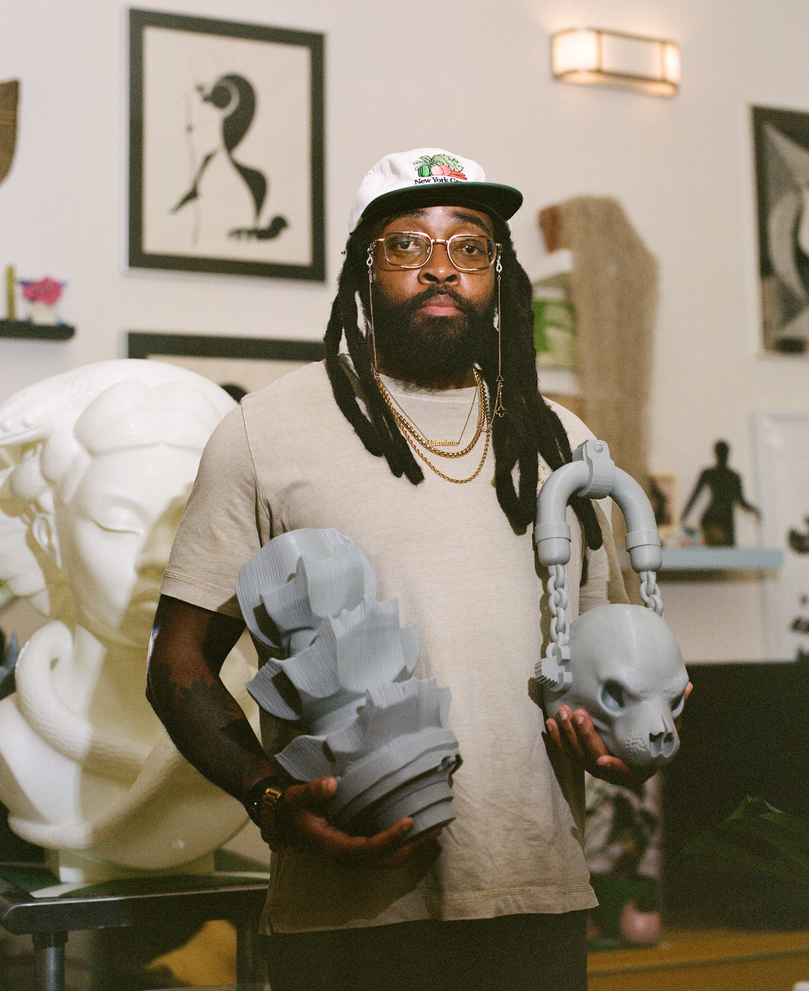 Olalekan Jeyifous with works in progress in his Brooklyn studio
