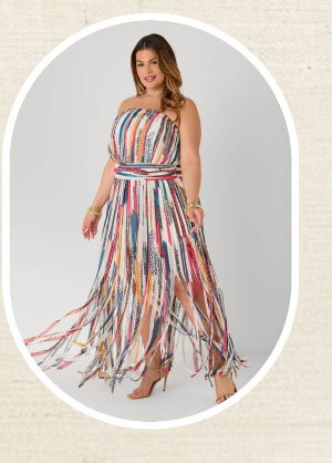 Printed Fringed Strapless Dress