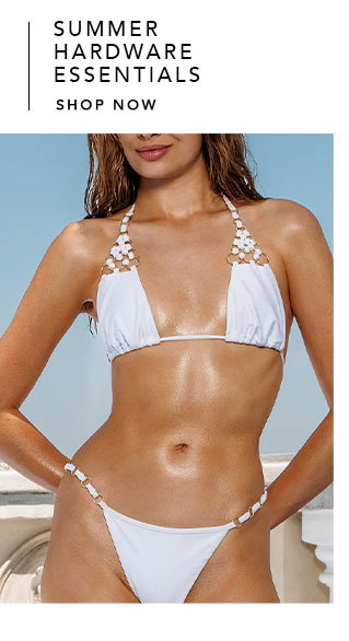 White bikini with gold hardware ring details. 