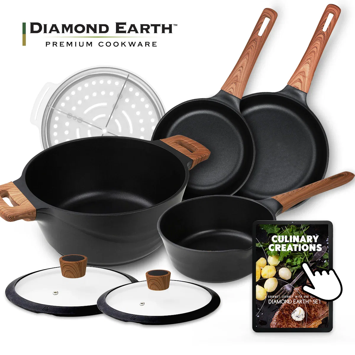 Image of Diamond Earth Premium Cookware 7pc Set + FREE Steamer