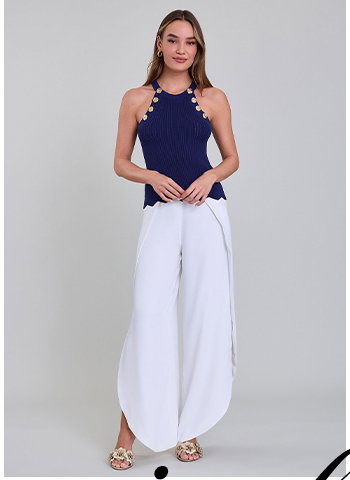 Luxury Navy Halter Knit with Gold Decorative Buttons