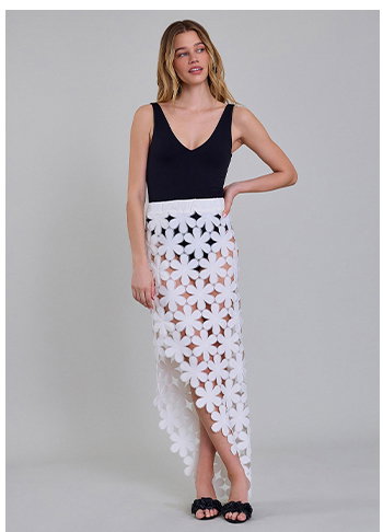 White Open Lace Flower Motif Bias-Cut Skirt