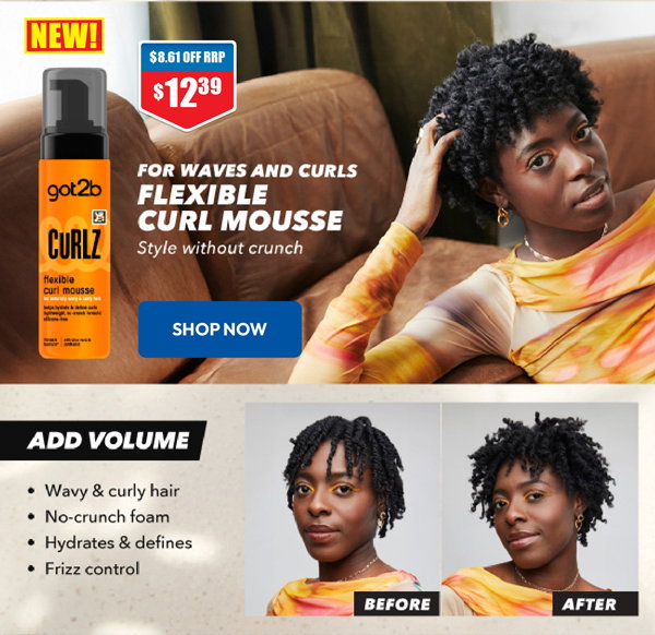 Got2b Curlz Flexible Curl Mousse 200ml 40% off RRP at Chemist Warehouse sale ends 22 July 2026