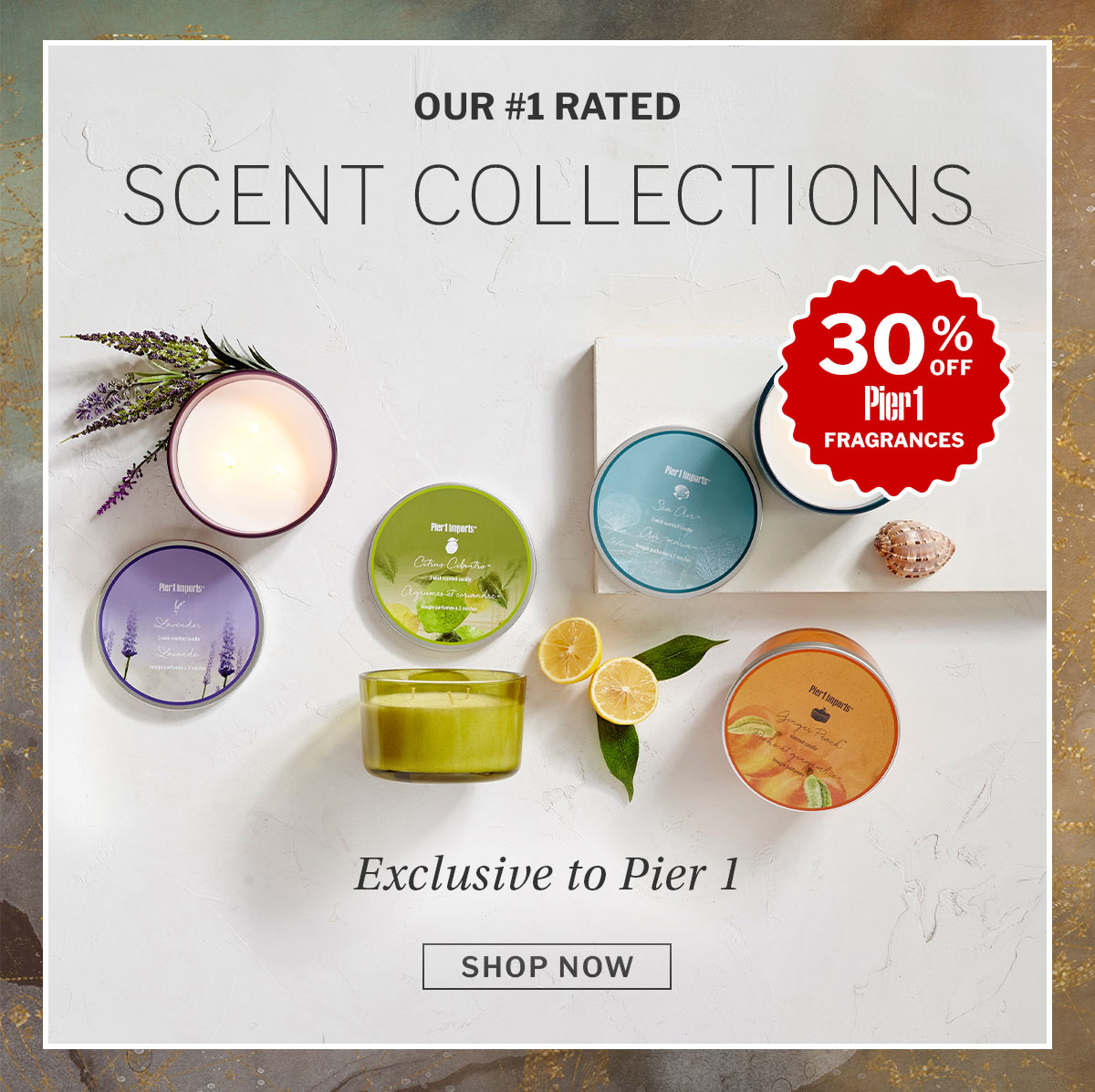 Summer fragrance event: 30% off Pier 1 fragrances. 