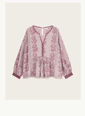 Reiko Hand-Woodblock Botanical Print Top Purple