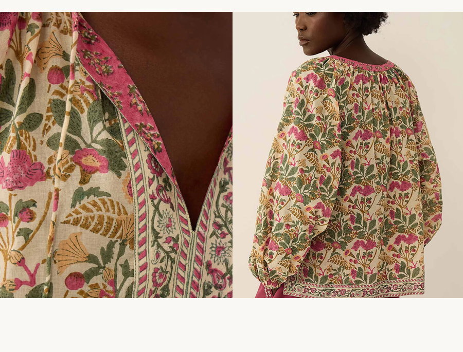Aurelie hand-woodblock botanical print cotton top